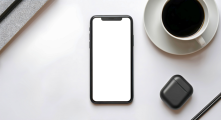 A white or transparent screen smartphone lying on a white table with accessories like earbuds and a coffee cup. top-down perspective.
