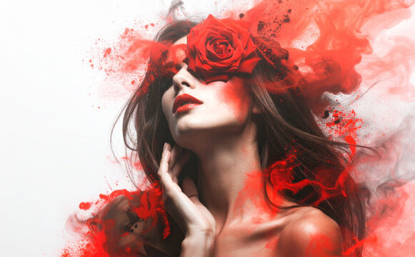 Woman with Rose and Red Smoke Artistic Portrait
