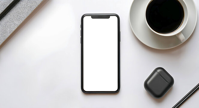 A white or transparent screen smartphone lying on a white table with accessories like earbuds and a coffee cup. top-down perspective.