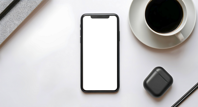 A white or transparent screen smartphone lying on a white table with accessories like earbuds and a coffee cup. top-down perspective.
