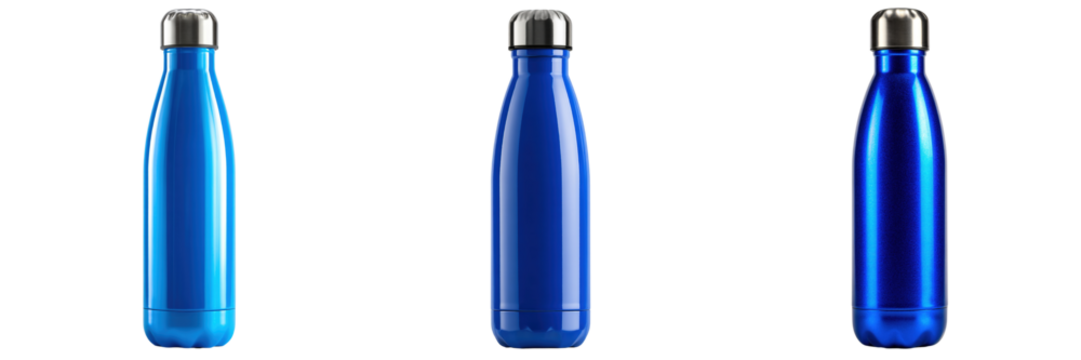 Set of blue colour stainless steel bottle isolated on a transparent background