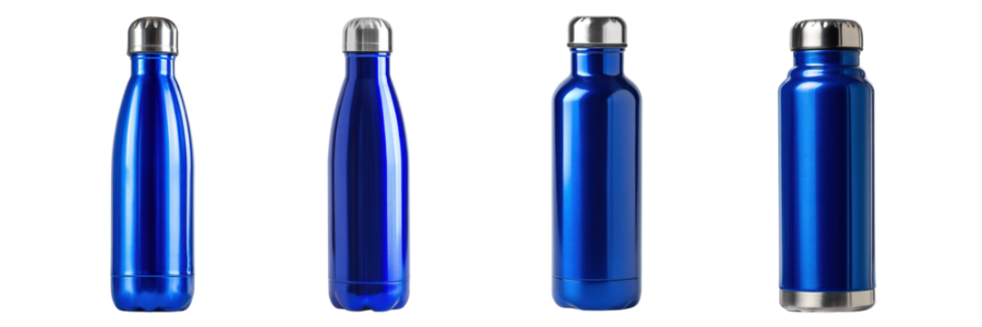 Set of blue colour stainless steel bottle isolated on a transparent background