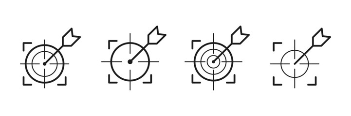 Black Arrow Target Icon Set – Minimal Outline Style for Goal, Accuracy, and Strategy