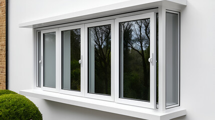 Three panel aluminium casement window stay on white wall.