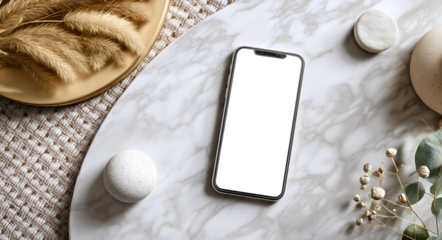 A white or transparent screen smartphone resting on a marble surface with minimalist decor around. elegant and modern composition.