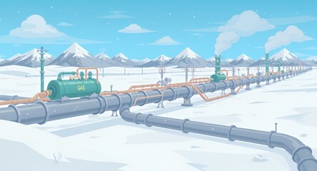 Pixel Art Landscape Featuring a Teal and Gray Pipeline Amidst Snowy Mountains Under Pale Sky with Snow Covered Plains Digital Illustration