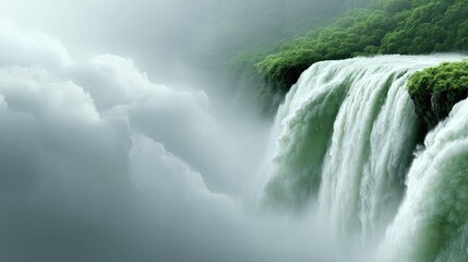 Breathing meditation for emotional strength and healing concept. Majestic waterfall cascading into misty valley of lush greenery.