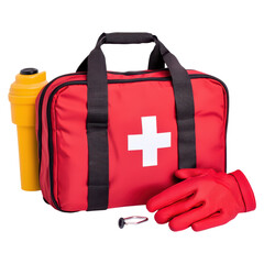 Red First Aid Kit with Gloves and Water Bottle for Emergency Situations, isolated on transparent background.