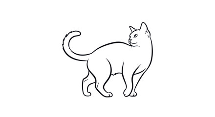 Fototapeta premium Line Drawing of a Graceful Cat Walking Elegantly with Curved Tail and Playful Posture