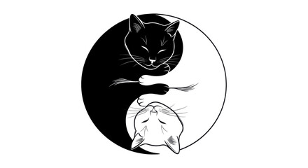 Minimalist Black and White Cat Illustration in Yin Yang Design Symbolizing Balance and Harmony