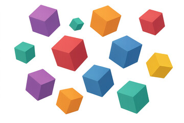 Multicolored cubic blocks hovering weightlessly, generating geometric abstract pattern with dimensional depth and visual dynamism