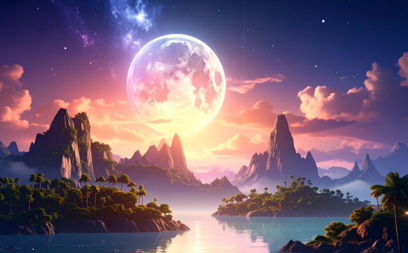 Fantasy Landscape with Glowing Moon and Tropical Islands over Ocean