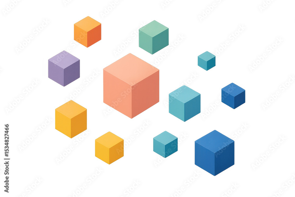 Poster colorful cubes of varying sizes floating against a transparent background, creating an abstract and 