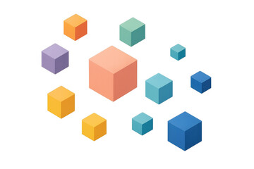 Fototapeta premium Colorful cubes of varying sizes floating against a transparent background, creating an abstract and modern isometric design