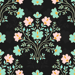 Green, pink and black luxury vector seamless pattern. Ornament, Traditional, Ethnic, Arabic, Turkish, Indian motifs. Great for fabric and textile, wallpaper, packaging design or any desired idea.