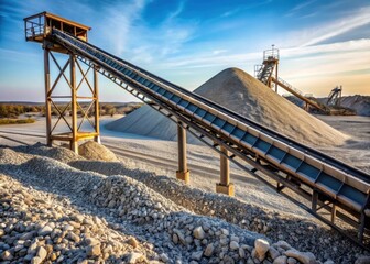A worn-out conveyor belt winds its way through a pile of gravel at the edge of a barren landscape