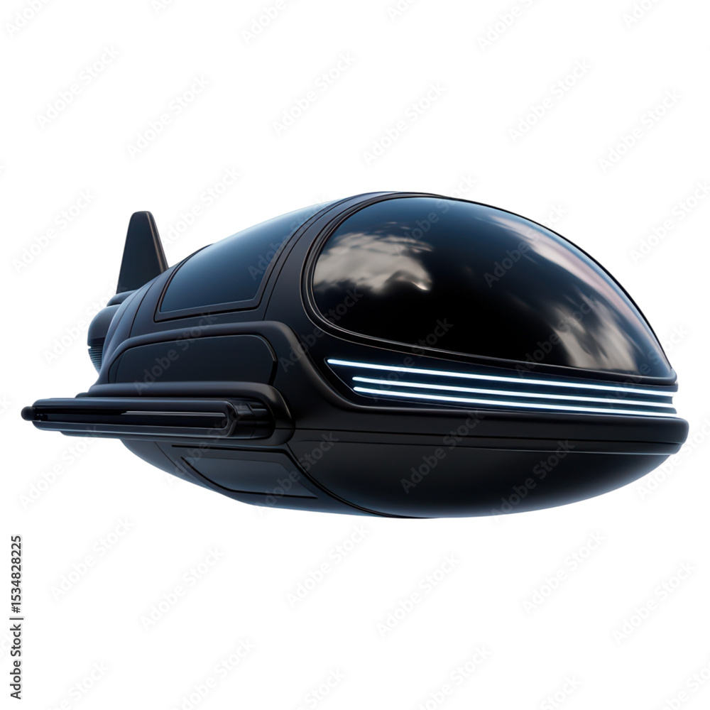 Poster futuristic sleek spaceship design with shiny surface and glowing lights, isolated on transparent bac