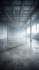 Dense fog envelops an empty room with a cold concrete floor