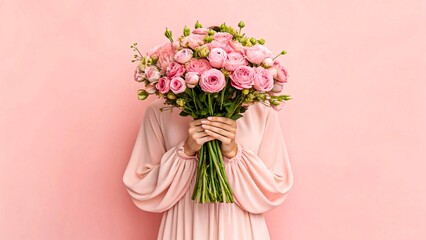 Woman holding pink flower bouquet hiding face on pastel pink background
