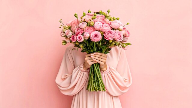 Woman holding pink flower bouquet hiding face on pastel pink background
