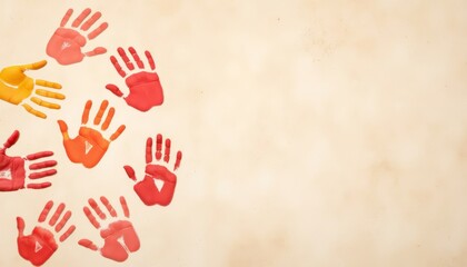 Fototapeta premium Painted handprints in vibrant colors on textured background 