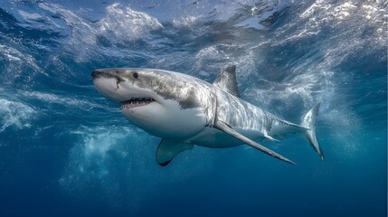 Naklejka premium Angry shark surrounded by silver waters,showcasing raw marine power and wild ocean fury