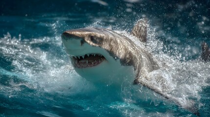 Naklejka premium Angry shark surrounded by silver waters,showcasing raw marine power and wild ocean fury