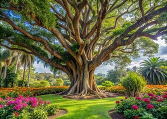 Ancient tree with rugged trunk and twisted branches standing solo in a lush green garden surrounded by vibrant flowers and foliage