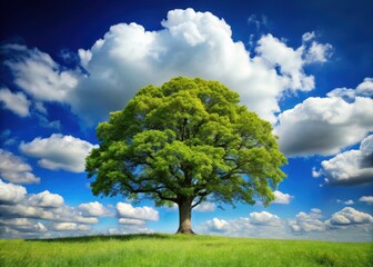 A majestic tree stands tall under a brilliant blue sky with fluffy white clouds and a few scattered green leaves