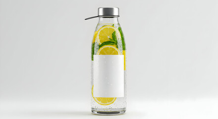 Fototapeta premium Refreshing Lemon Infused Water Bottle Mockup Blank Label Healthy Hydration Summer Drink Beverage Glass Bottle Design Template