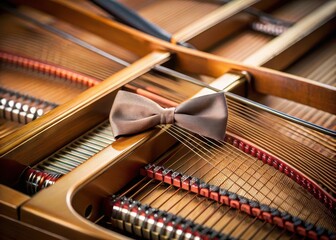 Close up of a bow on a piano string