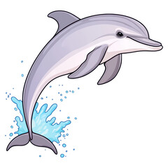 Obraz premium Cartoon Dolphin Leaping with Splashing Water in Bright Colors, isolated on transparent background.