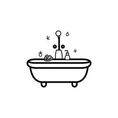 Line Art Bathtub with Faucet, Soap, Washcloth, Water Droplet, and Decorative Symbols
