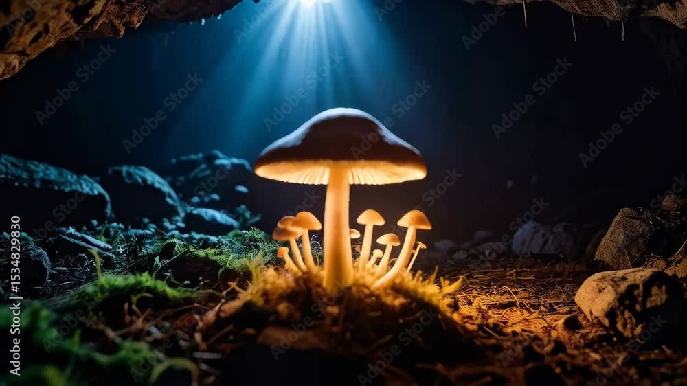 Poster glowing mushrooms cluster inside a dark cave with a beam of light shining from above, illuminating t