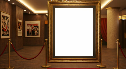 Blank ornate gold frame in vintage movie theater lobby ready for your design mockup