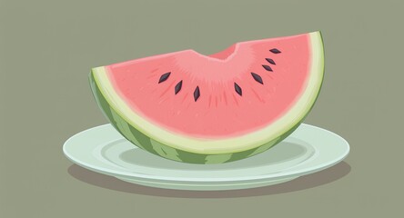 Vibrant Pixel Art of a Watermelon Slice Displaying Freshness on a Light Green Plate Against a Muted Green Background in a Simple Clean Style with a Nostalgic Video Game Aesthetic
