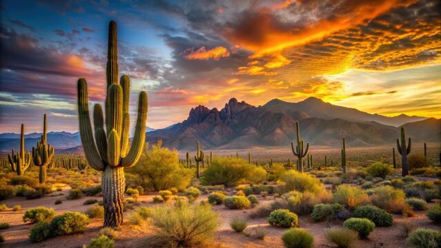 Desert landscape at sunset with saguaro cactus and mountains in background
