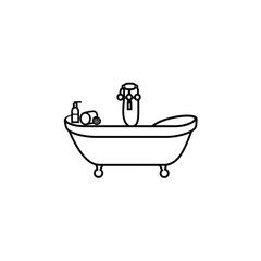 Line Art Bathtub with Soap Dispenser, Rolled Towel, and Decorative Bottle Illustration