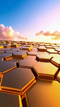 Abstract honeycomb mosaic background under a partly cloudy sky bathed in golden sunlight, shiny hexagonal shapes texture and warm color grading