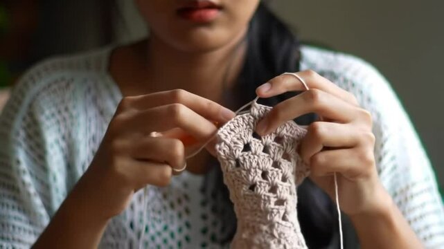 Close-up footage of a young Indonesian woman crocheting indoors