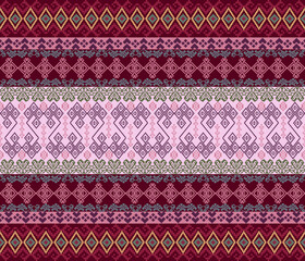 Pixel fabric pattern, abstract, ethnic, pixel style, full fabric pattern, pink, multicolored, for textile, cloth, clothes, curtains, carpets, pillows, vector illustration.