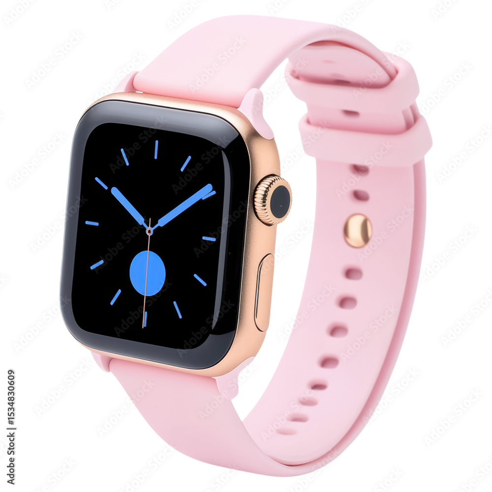 Poster stylish pink smartwatch with sleek design and modern features on display, isolated on transparent ba