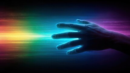 Inner peace journey for relaxation and emotional healing concept. A hand reaching towards a vibrant, colorful light spectrum.