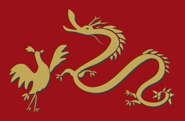 手描きのイラスト素材・筆で描いた龍と鳥・背景赤