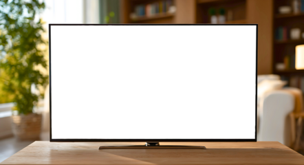 A close-up of a white or transparent skin smart TV with a reflection of a cozy home interior in the screen, perfect for tech product displays.