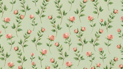 Elegant seamless pattern with small rose branches on pale green background