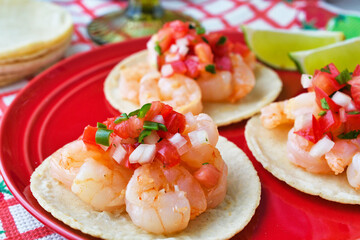 メキシコの美味しいタコス　エビのタコス（海老のタコス） サルサ・メヒカーナ（サルサメヒカーナ）を添えて　Delicious Mexican tacos: Shrimp tacos, served with Salsa Mexicana 