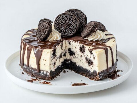 Oreo cheesecake, oozing chocolate drizzle and a circle of Oreo cookies on top, on a white plate against a white background