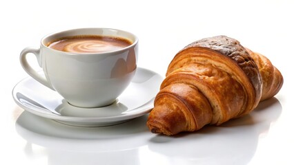Coffee Cup with Croissant on Plate Isolated
