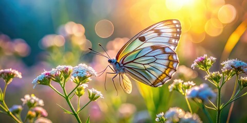 A delicate butterfly with iridescent wings rests on a wildflower